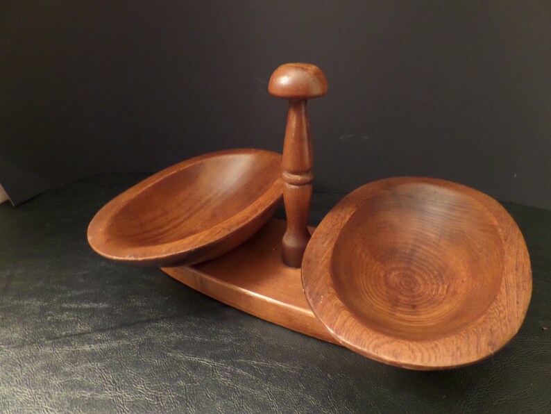 Vintage Wooden Serving Bowl Dual Bowl Mid Century image 1