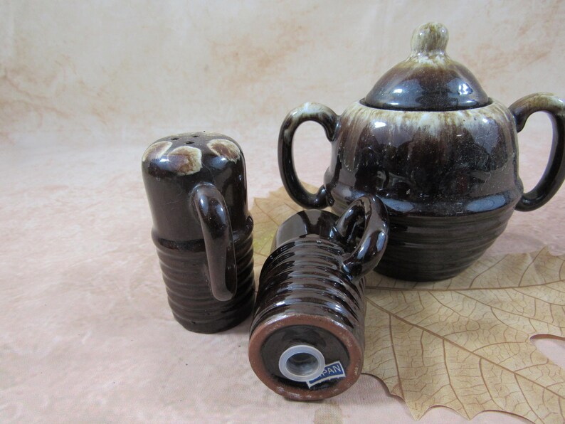 Vintage Red Glazed Drip Pottery Sugar Bowl Creamer and Salt Pepper Set Japan Glazed Brown Rustic Pottery Set of 4 Serving/Hostess Set image 3