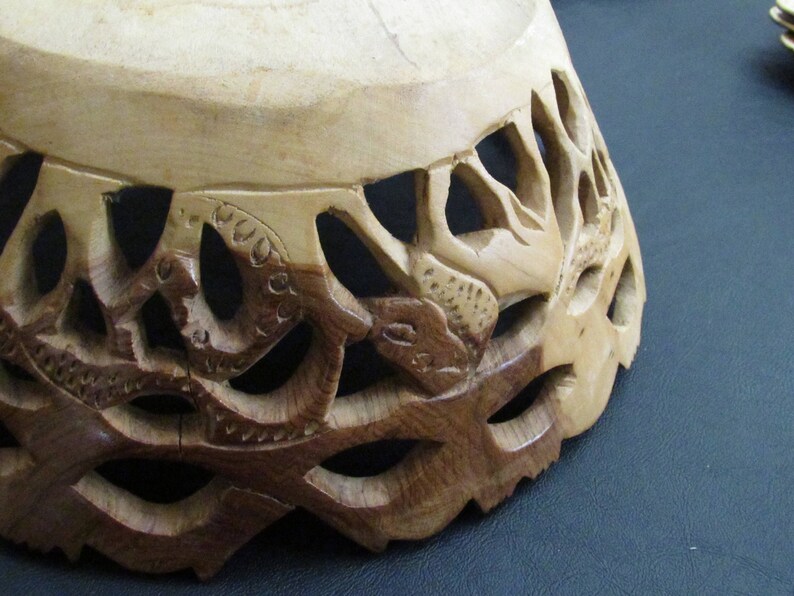 Hand Carved Primitive Wooden Bowl Cut Out Bowl Animal Carved wood Bowl Tribal Travel Decor Ethnic Style Collectible Wood Art
