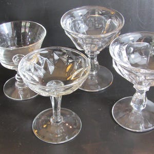 Vintage MCM Coupe Glasses Set of 4 Mixed Pattern Coupes Craft Cocktails Retro Barware Heavy Pressed Glass