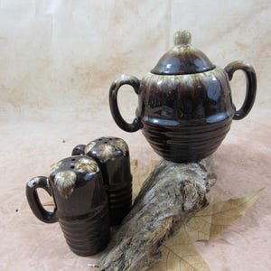 Vintage Red Glazed Drip Pottery Sugar Bowl Creamer and Salt Pepper Set Japan Glazed Brown Rustic Pottery Set of 4 Serving/Hostess Set image 6