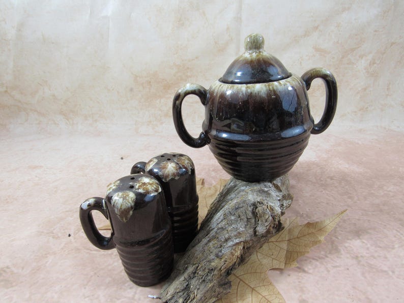 Vintage Red Glazed Drip Pottery Sugar Bowl Creamer and Salt Pepper Set Japan Glazed Brown Rustic Pottery Set of 4 Serving/Hostess Set image 6