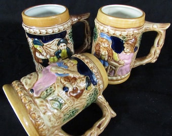 Juego de jarras de cerveza vintage de loza lustrosa: tazas de porcelana con relieve de estilo alemán