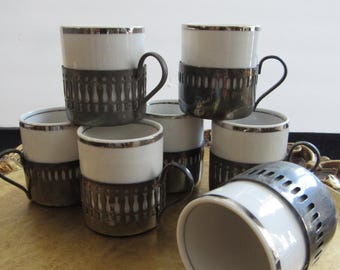 Vintage Veracruz Porcelain and Silverplate Demi Tasse Cups Set of 7 Brazil