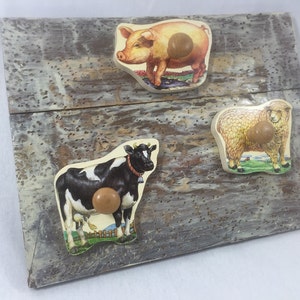 Puede incluir: Tres figuras de animales de madera montadas sobre un fondo de madera desgastado. Las figuras son un cerdo, una vaca y una oveja. Cada figura tiene un pomo de madera en la espalda.
