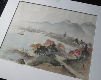 Original Japanese Watercolor on Woven Textured Paper Matted Mount Fuji OOAK Collectible Art Sumi-e すみえ