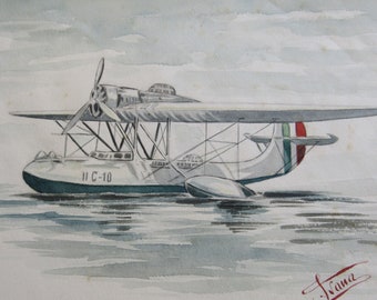 Antique Original Watercolor Italian Seaplane OOAK Drawings