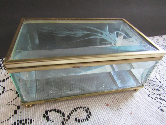 Boîte à Bijoux Ancienne En Laiton Et Verre Gravé - Vintage - France - Occasion En Bon état