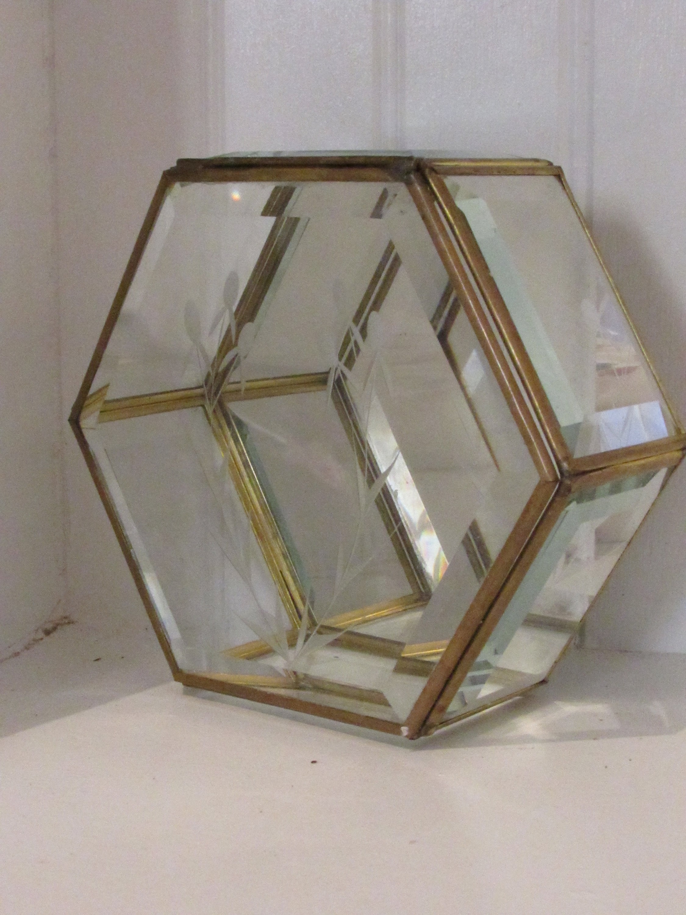 Vintage brass glass mirror jewelry holder home decor box brass mirror