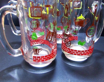 Vintage Hazel Atlas MCM BBQ Pattern Mugs Set of 4 Retro Glassware Grilling Man Cave Patio Party