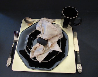 Vintage Black French OCTIME ARCOROC Dinnerware EACH Shanghai Gold Trim Rare