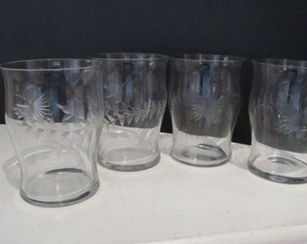 Vintage Etched Floral Butterfly Stemless Wine Glass Juice Glass Rustic European Table Farmhouse Kitchen Set of 4