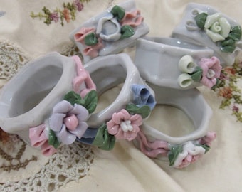 Vintage Porcelain Napkin Rings Floral Cottage Chic Set of 6