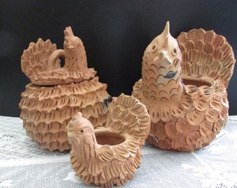 Primitive Hand Made Clay Pottery Chicken Bowl Planter Guatemala EACH