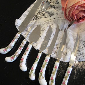 Vintage Porcelain Handle Steak Knife Serrated Blade Sheffield England Rose Pattern or Hostess Pieces