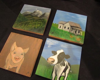 Hand Painted  Original Acrylic on Wood Squares Farmhouse Genre EACH