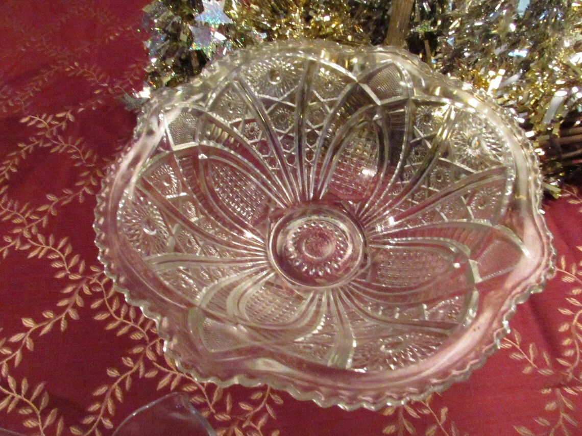 Antique Pressed Glass Punch Bowl Flowers and Sunburst Pattern Etsy
