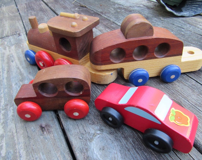 Vintage Wooden Toy Cars Truck Train Set Lester Ruth MA Handmade Wood Toy Train Toy Car Set of 4
