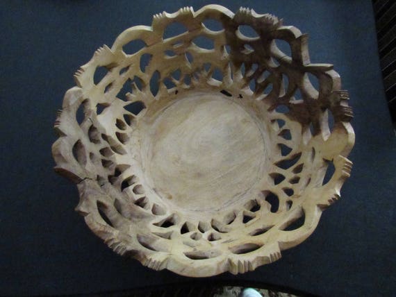 Hand Carved Wooden Bowl, Primitive Tribal Decor (12.25 in)