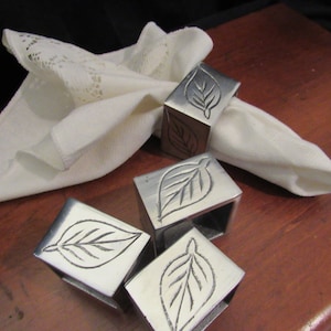 Vintage Pewter Engraved Leaves Napkin Rings Set of 4 Fall Table