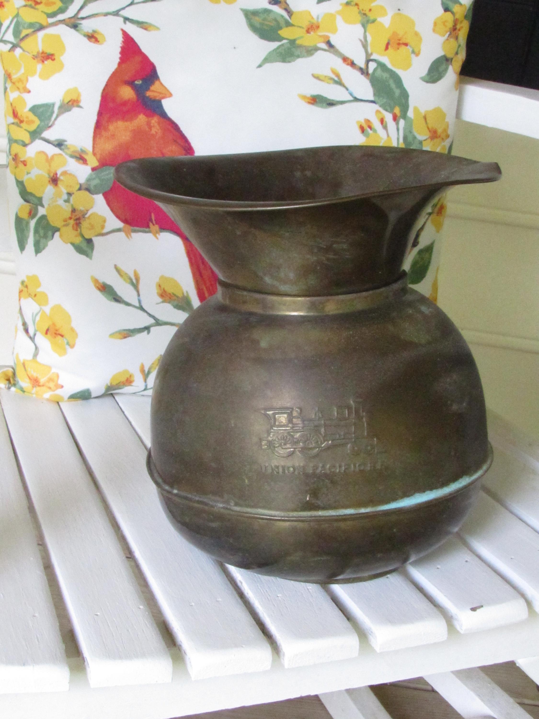 Vintage Primitive Solid Brass Spittoon Bucket Embossed Union
