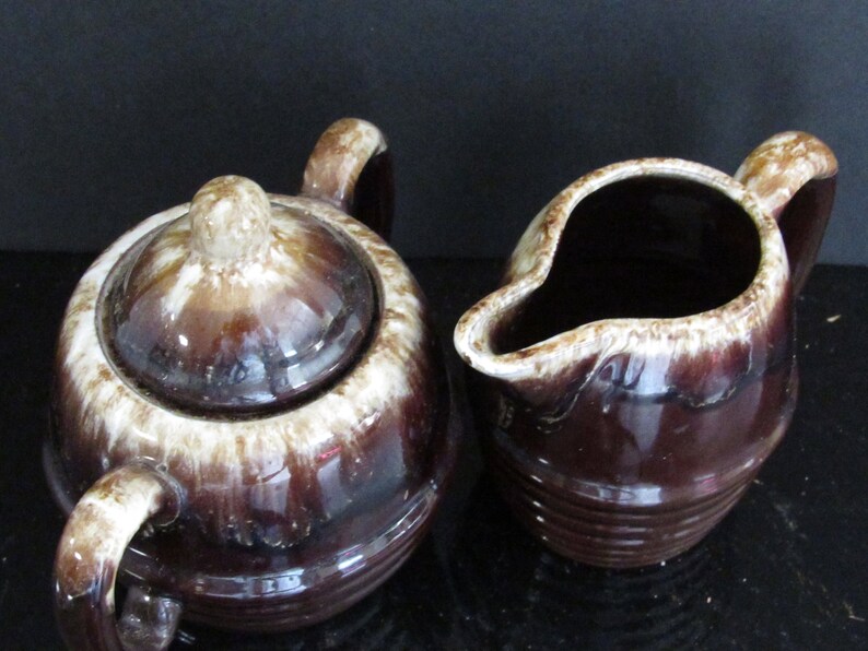 Vintage Red Glazed Drip Pottery Sugar Bowl Creamer and Salt Pepper Set Japan Glazed Brown Rustic Pottery Set of 4 Serving/Hostess Set image 8