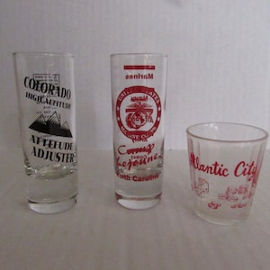 Vintage Shot Glasses State Souvenir Shot Glasses Vintage Barware Camp Le Jeune Colorado Atlantic City
