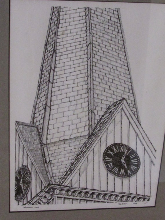 Farm House Note Card New England Scarecrow Print Pen and Ink Matted