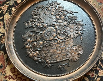 Vintage Coppercraft Guild 3D Embossed Flower Basket Wall Art Faux Copper 1970's