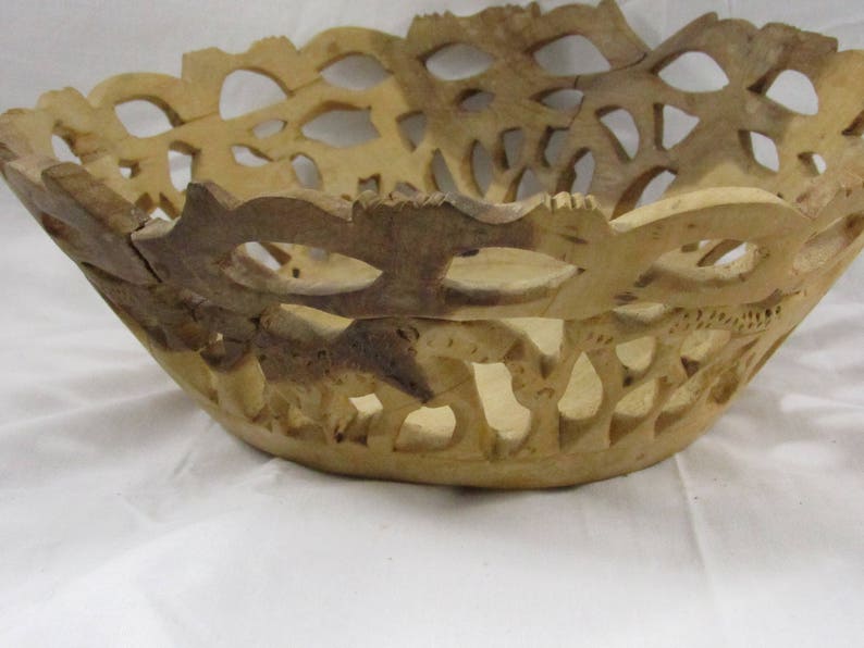 Hand Carved Primitive Wooden Bowl Cut Out Bowl Animal Carved wood Bowl Tribal Travel Decor Ethnic Style Collectible Wood Art