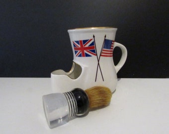 Juego de taza y brocha de afeitar antigua con bandera de Union Jack y EE. UU.