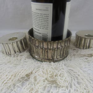 Vintage Wine Bottle Coaster Wine Bottle Holder AND  Candleholders Asian Bamboo Anti Tarnish Silver 3 Piece Set