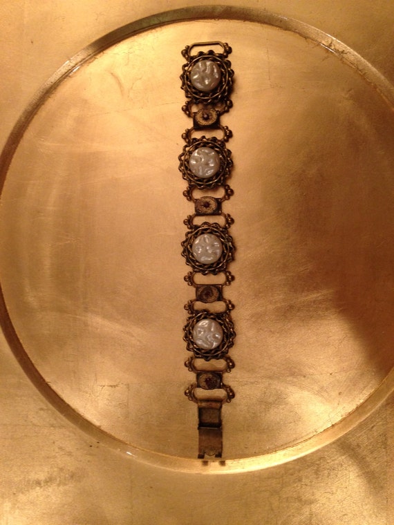 Vintage Cabochon Brass Bracelet Victorian Style L… - image 1