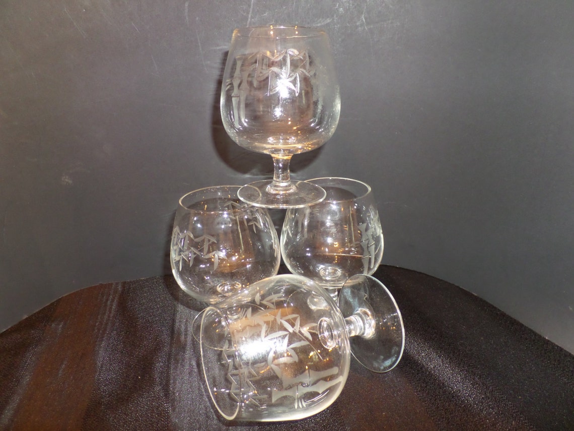 Vintage Etched Brandy Snifters Noritake Crystal Bamboo Pattern Etsy