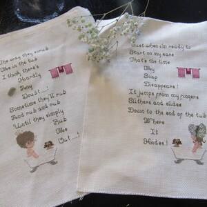 Vintage Cross Stitch Squares Child's Bathtime Canvas Fiber Arts Crafting Frameable Set of 2
