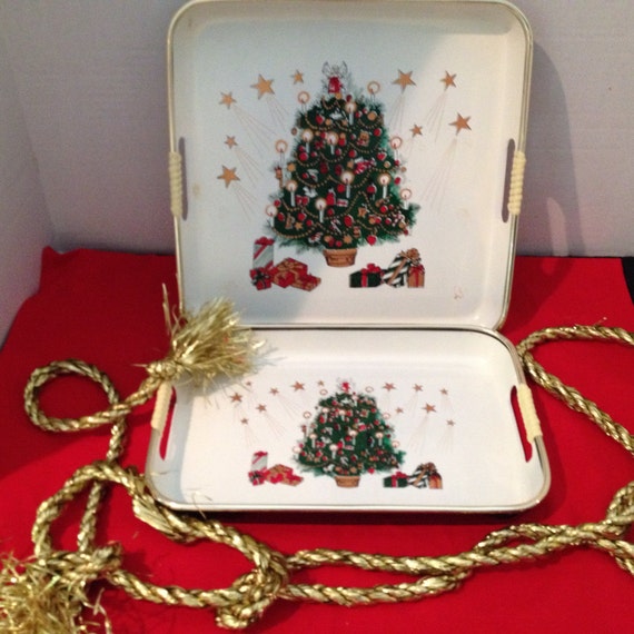 Vintage Christmas Tree Serving Trays Set of 2 Lacquered Trays Etsy