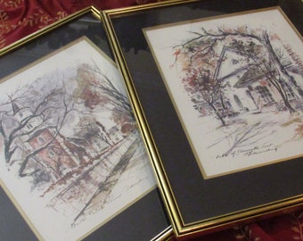 Vintage Art Lithograph Framed Williamsburg, VA Duke of Gloucester Street OR Burton Parrish Church John Haymson