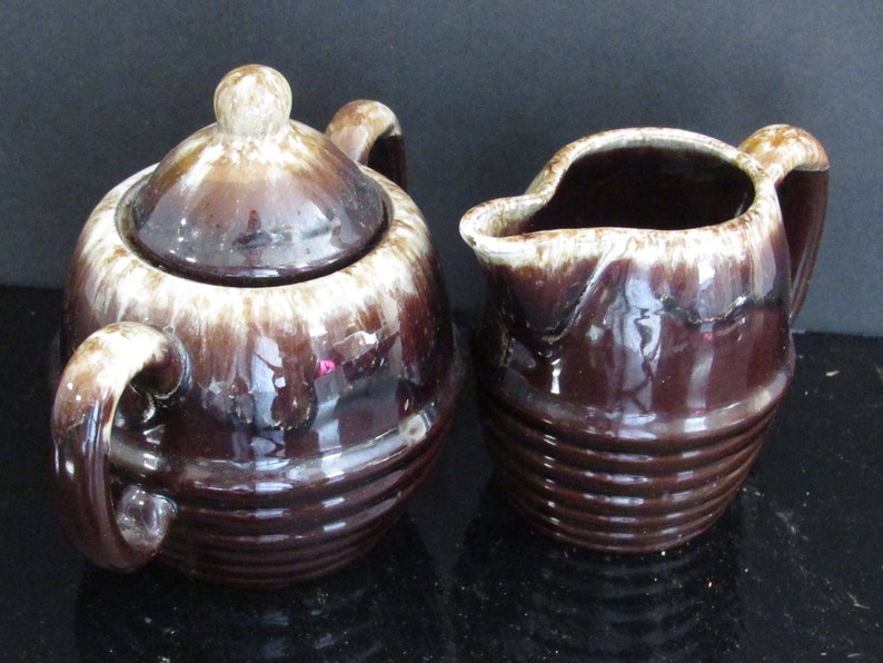 Vintage Red Glazed Drip Pottery Sugar Bowl Creamer and Salt Pepper Set Japan Glazed Brown Rustic Pottery Set of 4 Serving/Hostess Set image 7