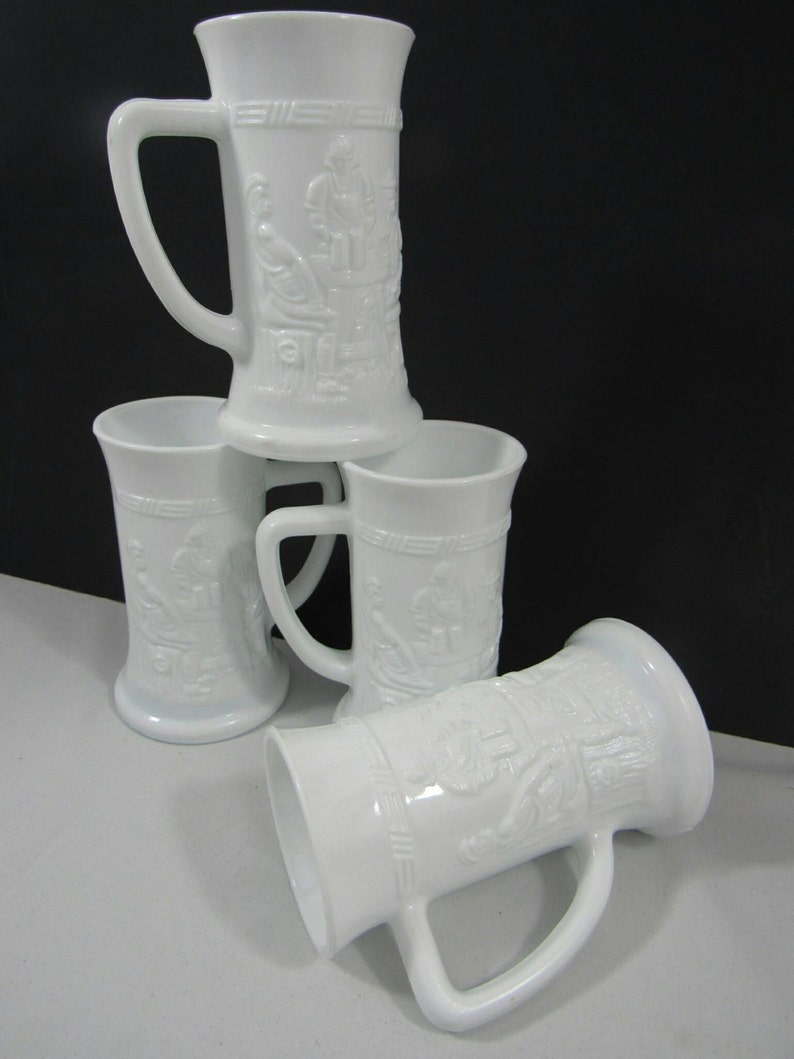 Vintage Milk Glass Beer Mugs Tavern Genre Olde English Pub Etsy