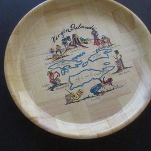 Bandeja de servir mapa das Ilhas Virgens vintage, prato de madeira, lembrança, decoração de viagem