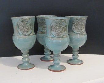 Fursbreck Orkney Hand Thrown Pottery Wine Glasses Set of 4 Scotland Celtic Cross