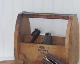 Vintage ESQUIRE Shoe Shine Box, Rustic Wood Organizer