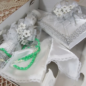 Vintage Baptismal Set Guadalajara Mexico Candle Rosary Spanish Bible Ornamental Baptismal Set in Box