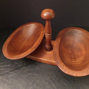 Vintage Wooden Serving Bowl Dual Bowl Mid Century 画像 2