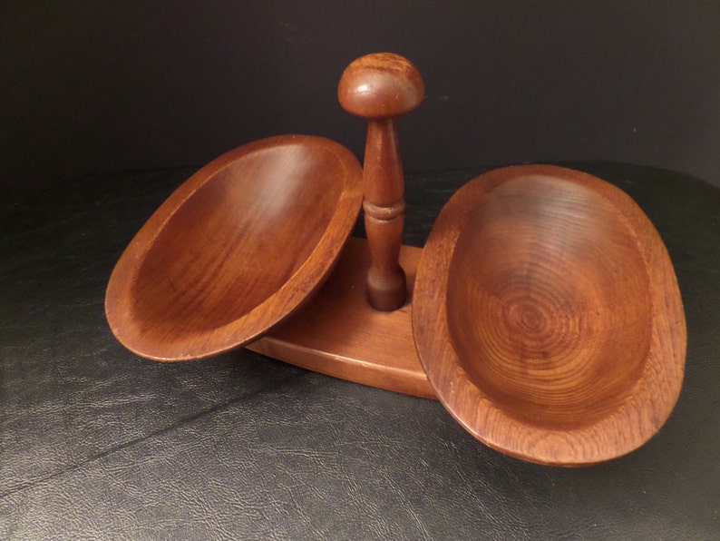 Vintage Wooden Serving Bowl Dual Bowl Mid Century 画像 2