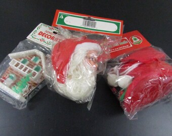 Vintage Novelty Christmas Ornaments in Original PKG Hong Kong Santa Mini Chalet Plush Elf Booty Ornaments EACH in Original Packages