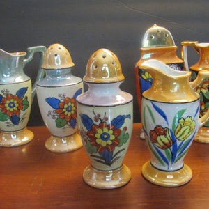 Vintage Porcelain MUFFINEER SET Sugar Shaker Creamer Set Hand-painted Lusterware Set of 2