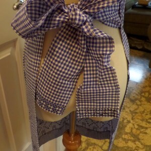 May include: A blue and white gingham apron with a large bow tied at the waist. The apron is on a dress form.