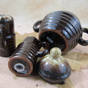 Vintage Red Glazed Drip Pottery Sugar Bowl Creamer and Salt Pepper Set Japan Glazed Brown Rustic Pottery Set of 4 Serving/Hostess Set image 4