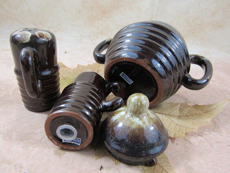 Vintage Red Glazed Drip Pottery Sugar Bowl Creamer and Salt Pepper Set Japan Glazed Brown Rustic Pottery Set of 4 Serving/Hostess Set image 4